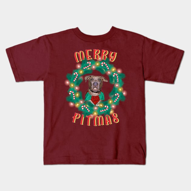 Merry Pitmas Pitbull Glowing Wreath And Candy Canes Kids T-Shirt by Rosemarie Guieb Designs